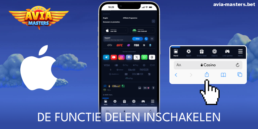 Tik op de deelknop voor de Aviamasters-app