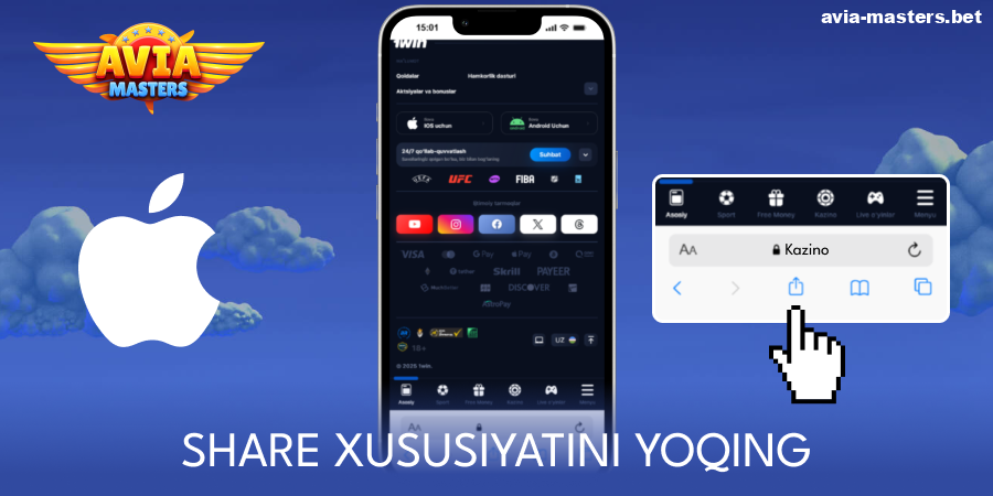 Aviamasters ilovasi uchun almashish tugmasini bosing