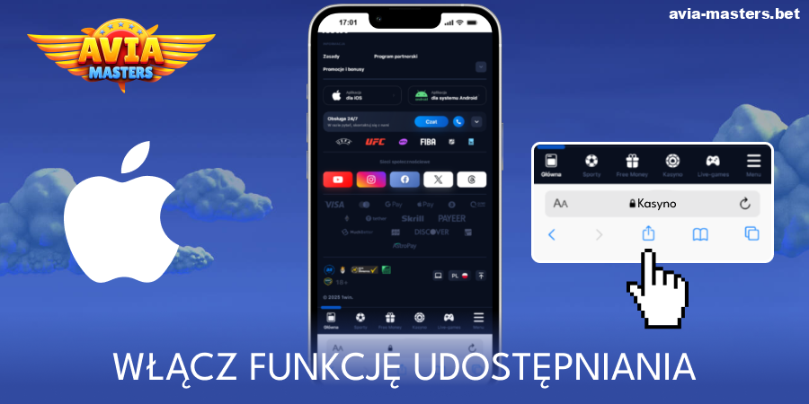 Dotknij przycisku udostępniania aplikacji Aviamasters