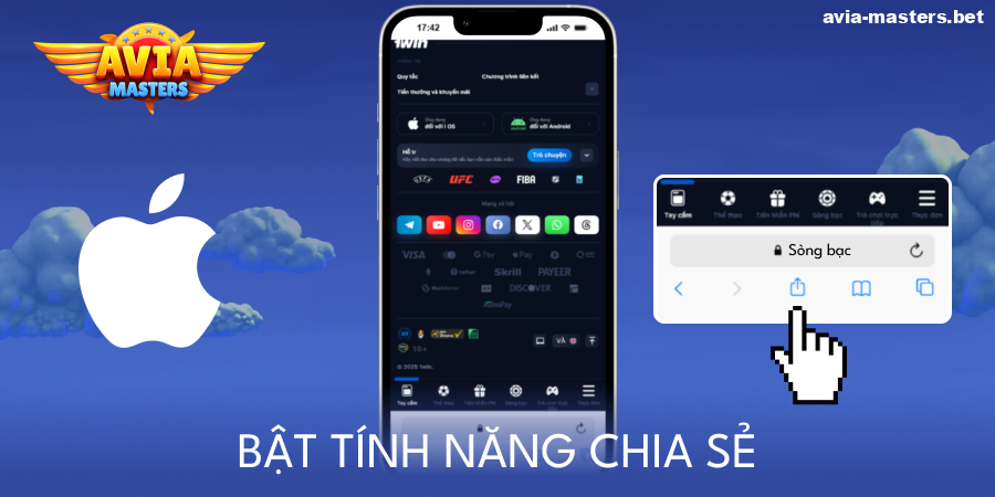 Nhấn vào nút chia sẻ ứng dụng Aviamasters