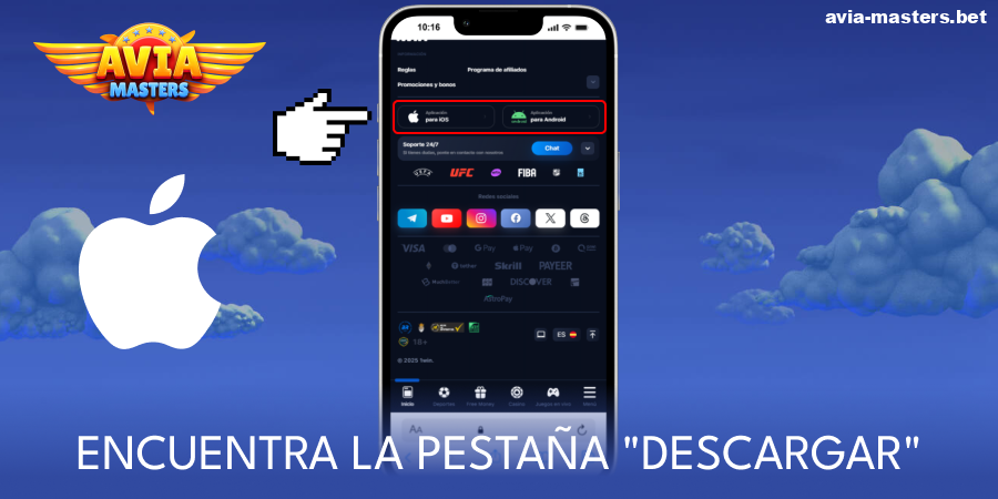Busca el botón de descarga de la aplicación Aviamasters para iOS