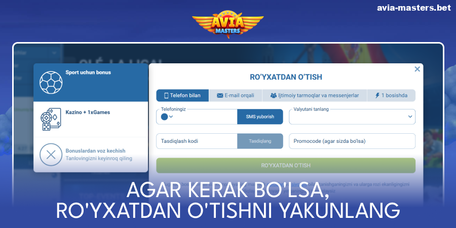 Aviamasters kazinosida ro'yxatdan o'ting