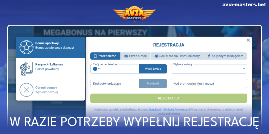 Zarejestruj się w kasynie Aviamasters