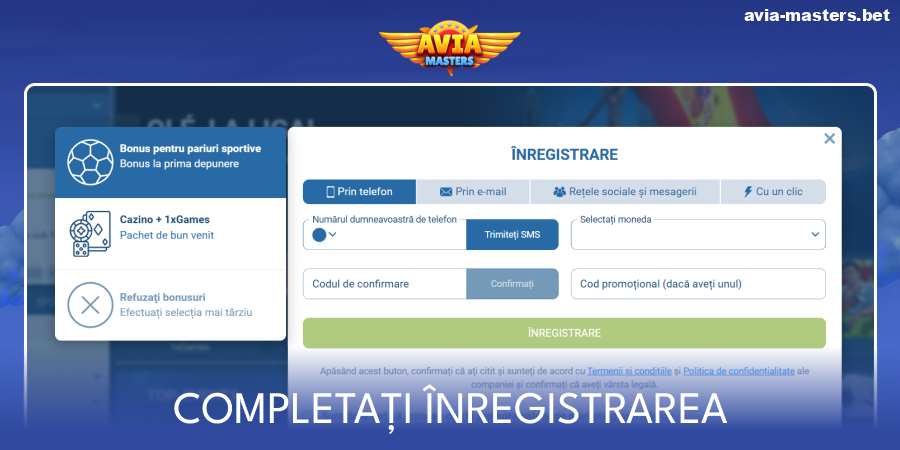 Înregistrează-te la cazinoul Aviamasters